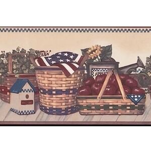 Red Apple Basket Sunflower Leaf American Flag Patriotic Kitchen Wallpaper Border